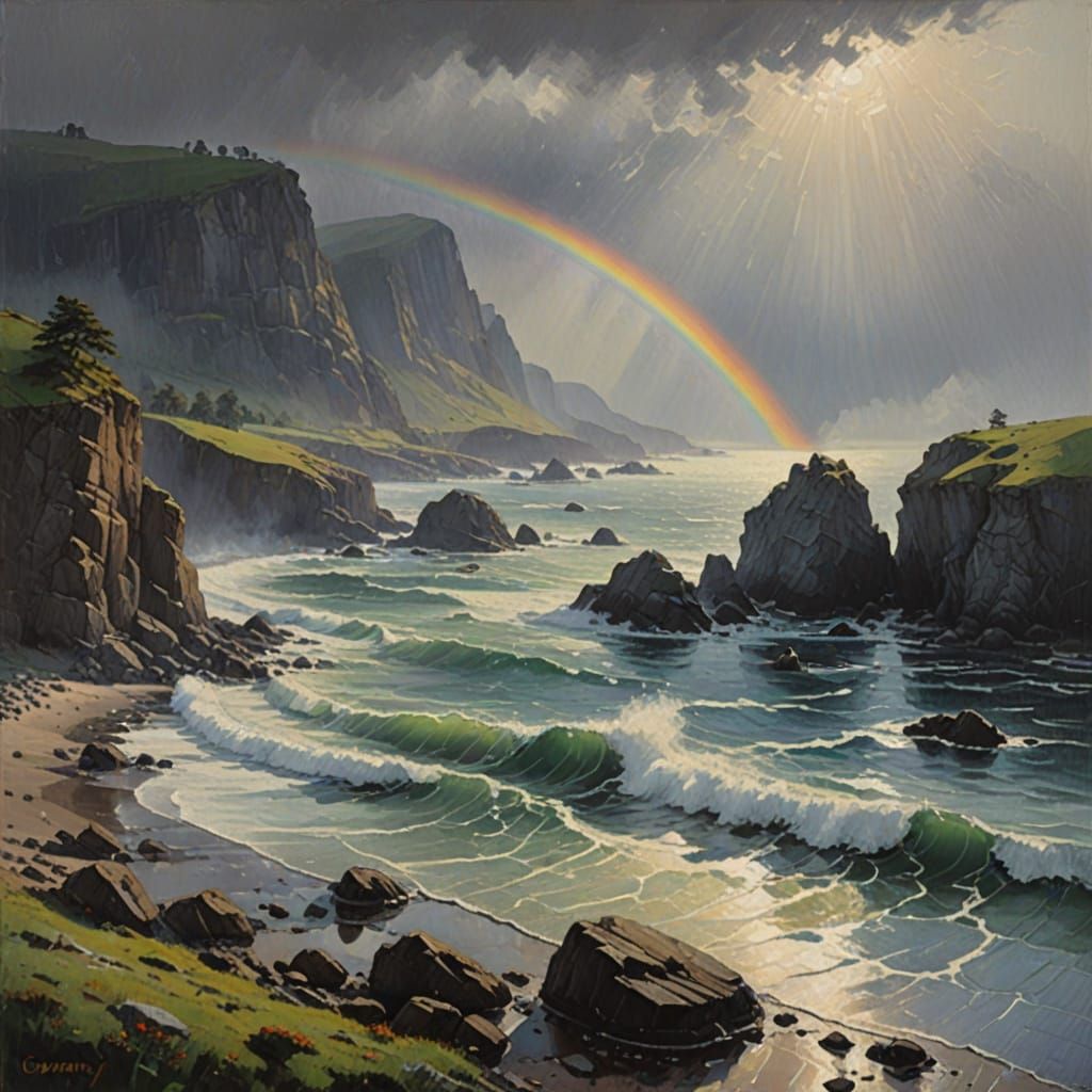 Misty Seaside Scene in Impressionist Oil Painting Style