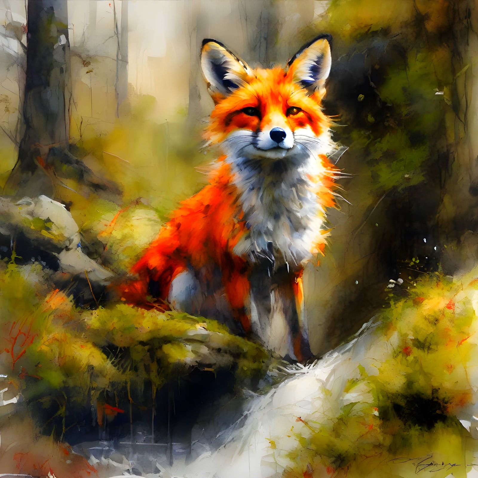 Red Fox Above Mossy Waterfall Oil Painting