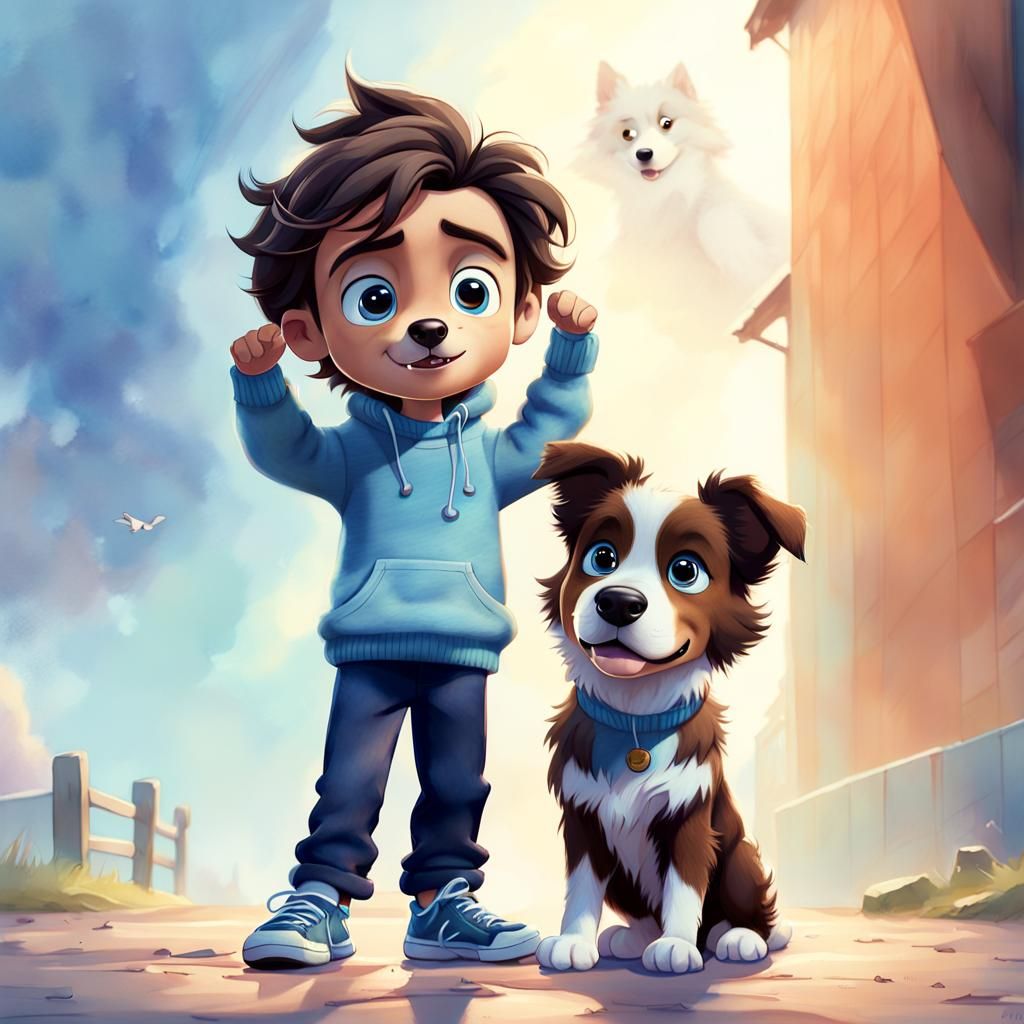 Boy with Puppy in Vibrant Pixar-Inspired 3D Art