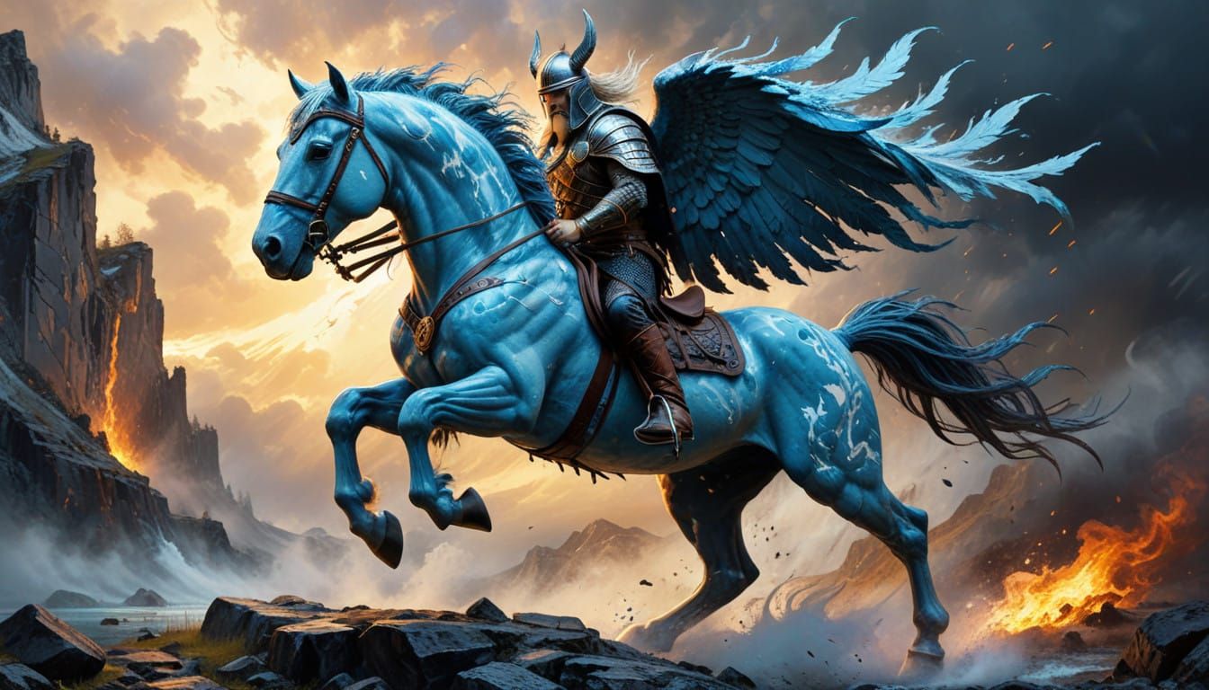 Majestic Valkyrie Warrior Soars on Winged Horse in Valhalla...
