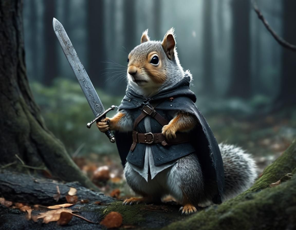 Whimsical Squirrel Warrior in Rainy Forest