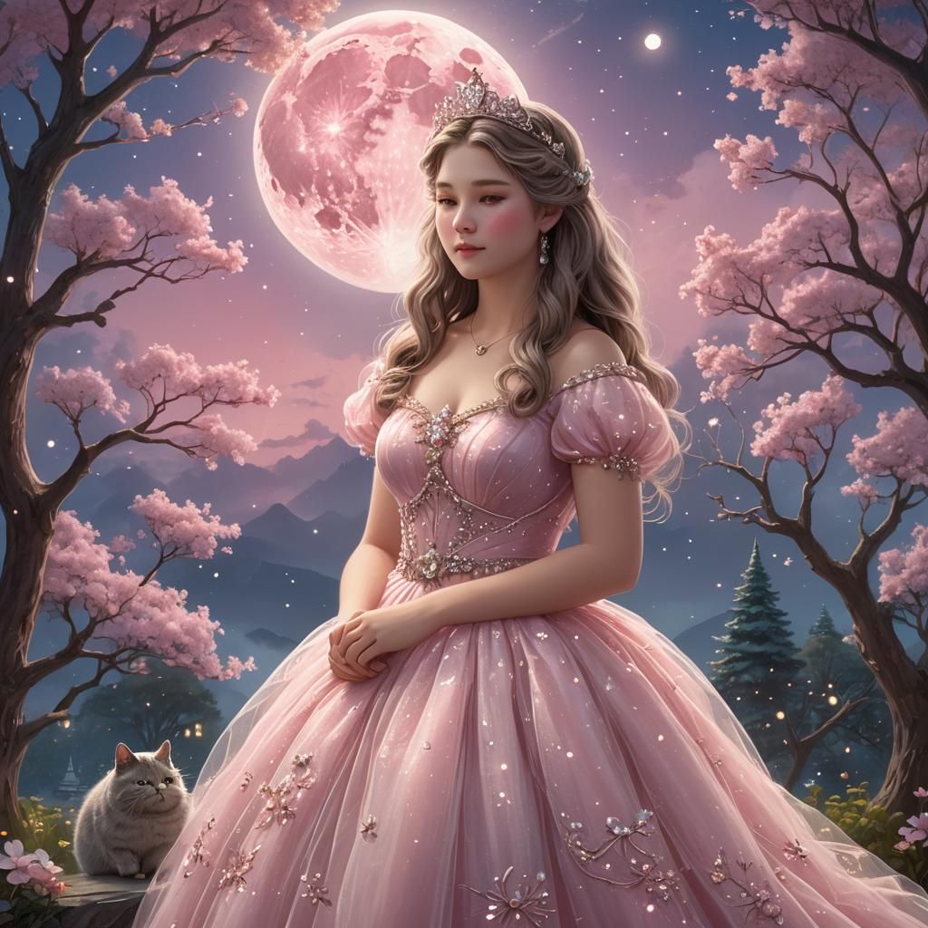 Pusheen in Pink Gown Gazing at Moon