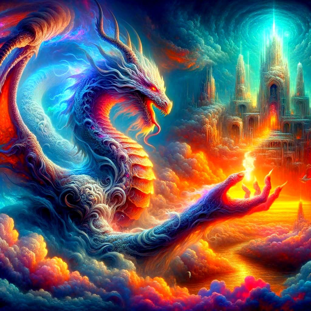 Ethereal Dragon Coils Around Tower in Dreamscape