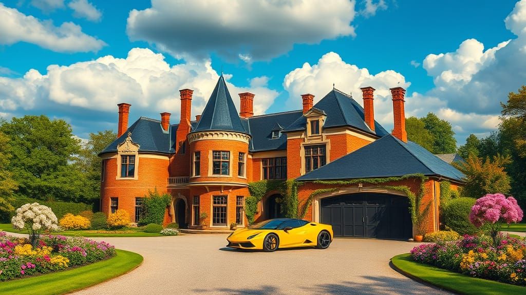 Grand Chateau With Yellow Supercar in Lush Garden