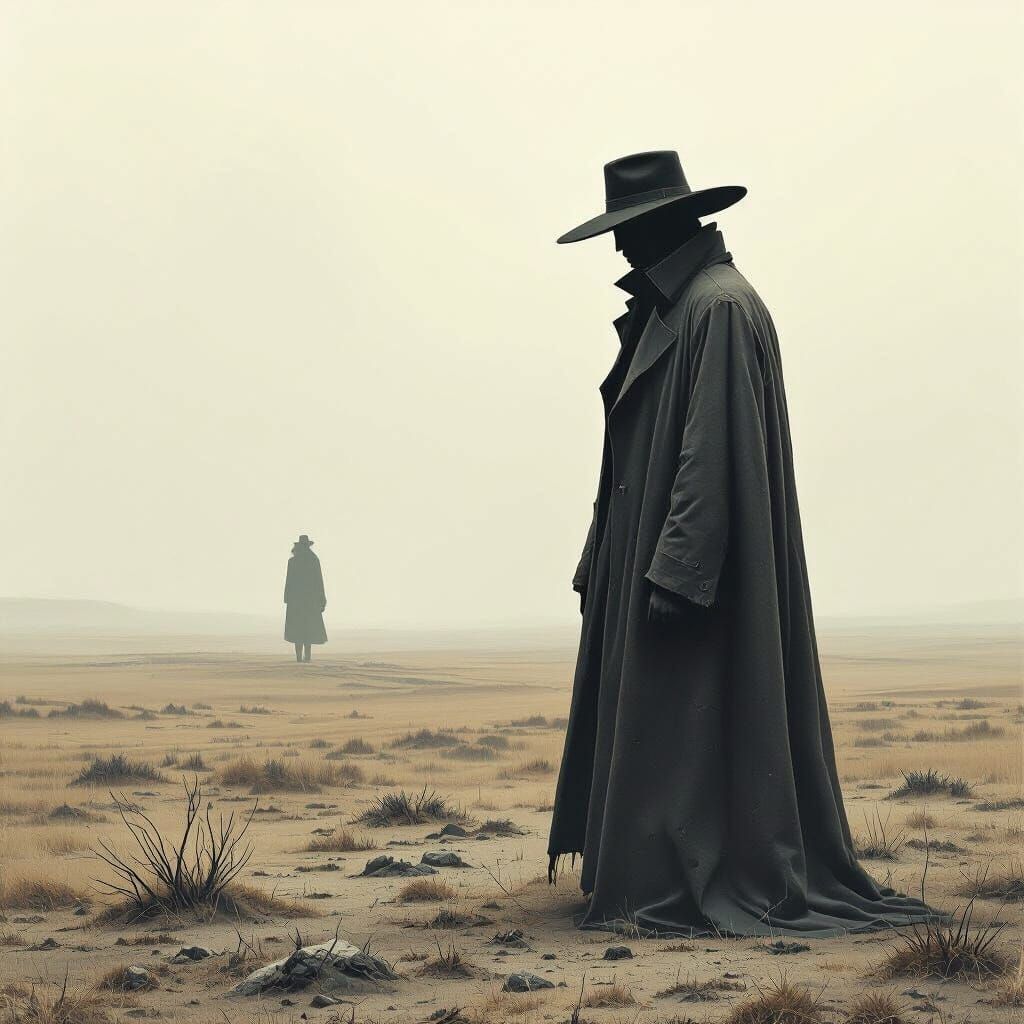 Melancholy Figure in Desolate Landscape, Surreal Art