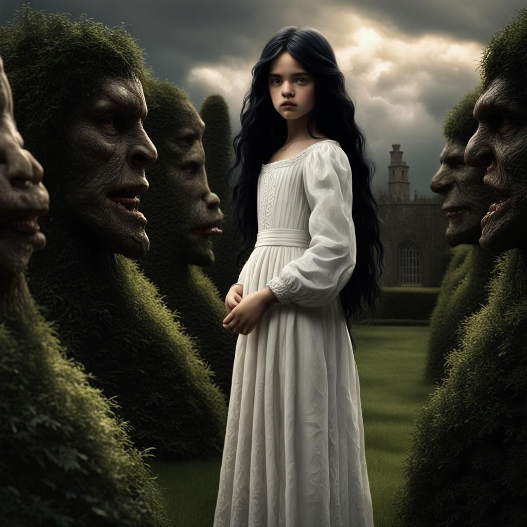 Pre-Raphaelite Garden Child in Stormy Twilight