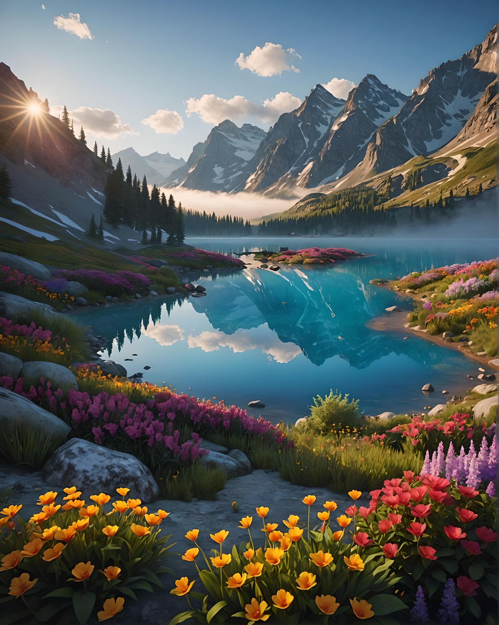 Vibrant Sunrise Over Mountain Peaks With Flower Garden