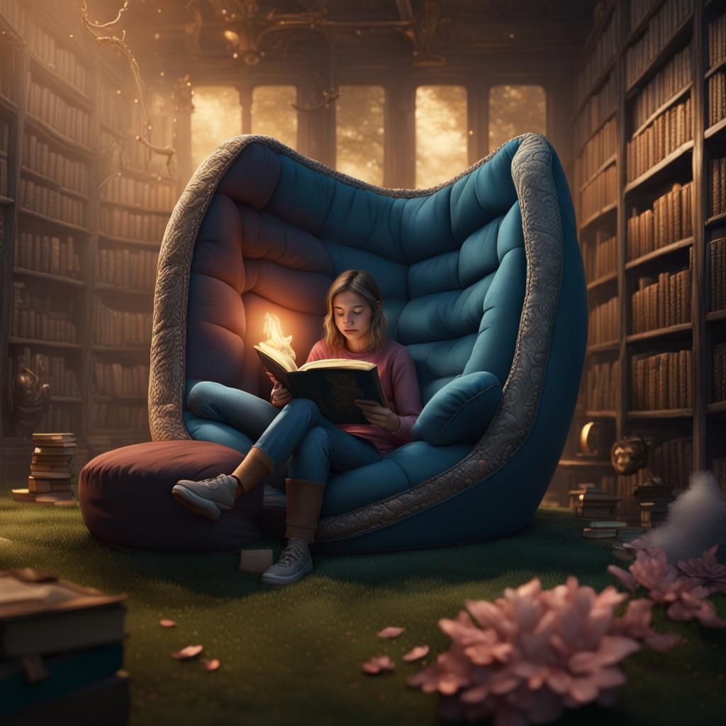 Girl Reading in Magical Library: Fantasy Concept Art