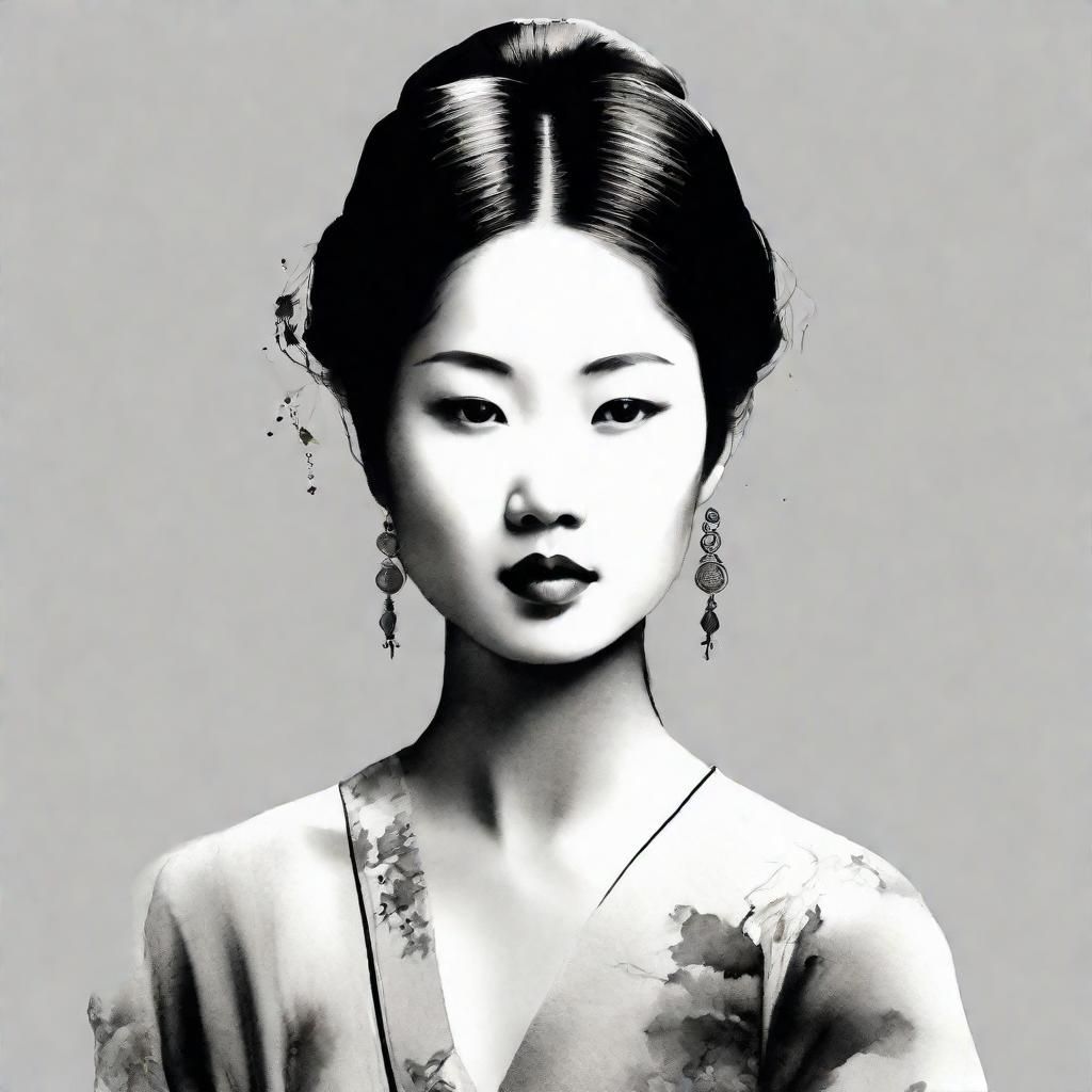 Asian Woman's Face in Chinese Ink Painting