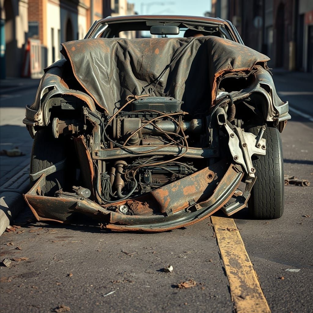 Hyperrealistic Car Wreck in Gritty Urban Setting