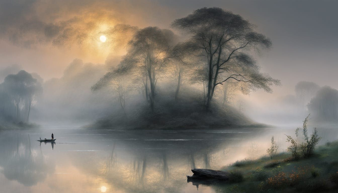 Romantic Moonlit Lake Landscape Painting