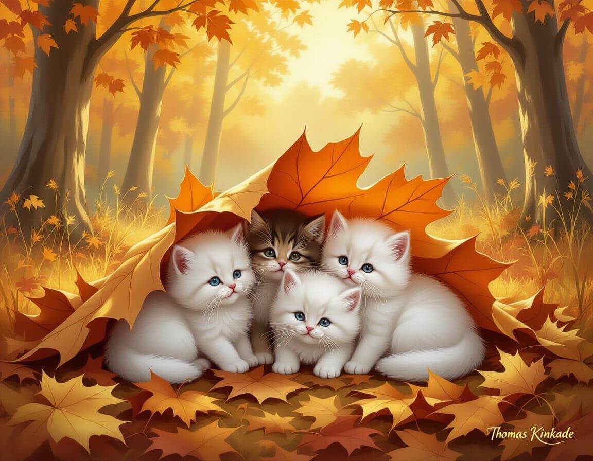 Fluffy Kittens Under Giant Leaf in Autumn Forest