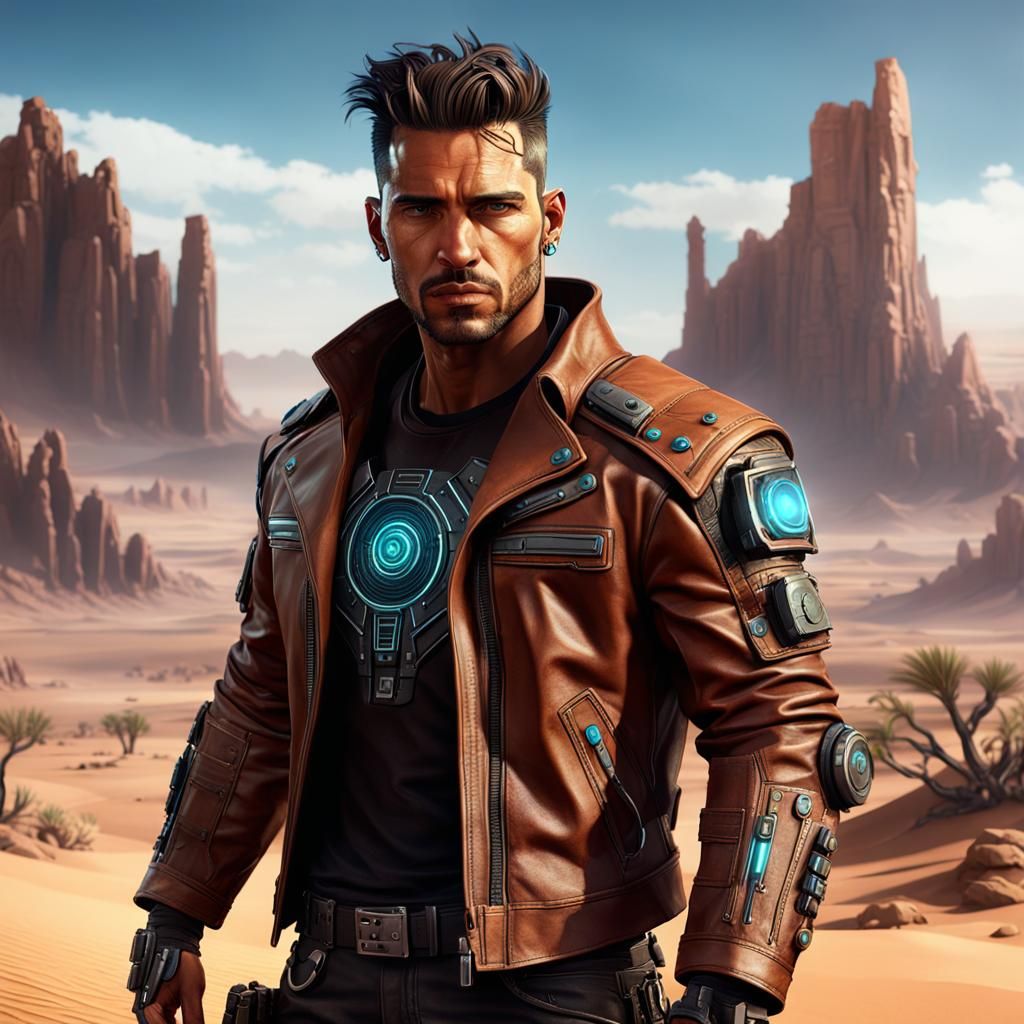Hispanic Cyberpunk Nomad in Desert Landscape