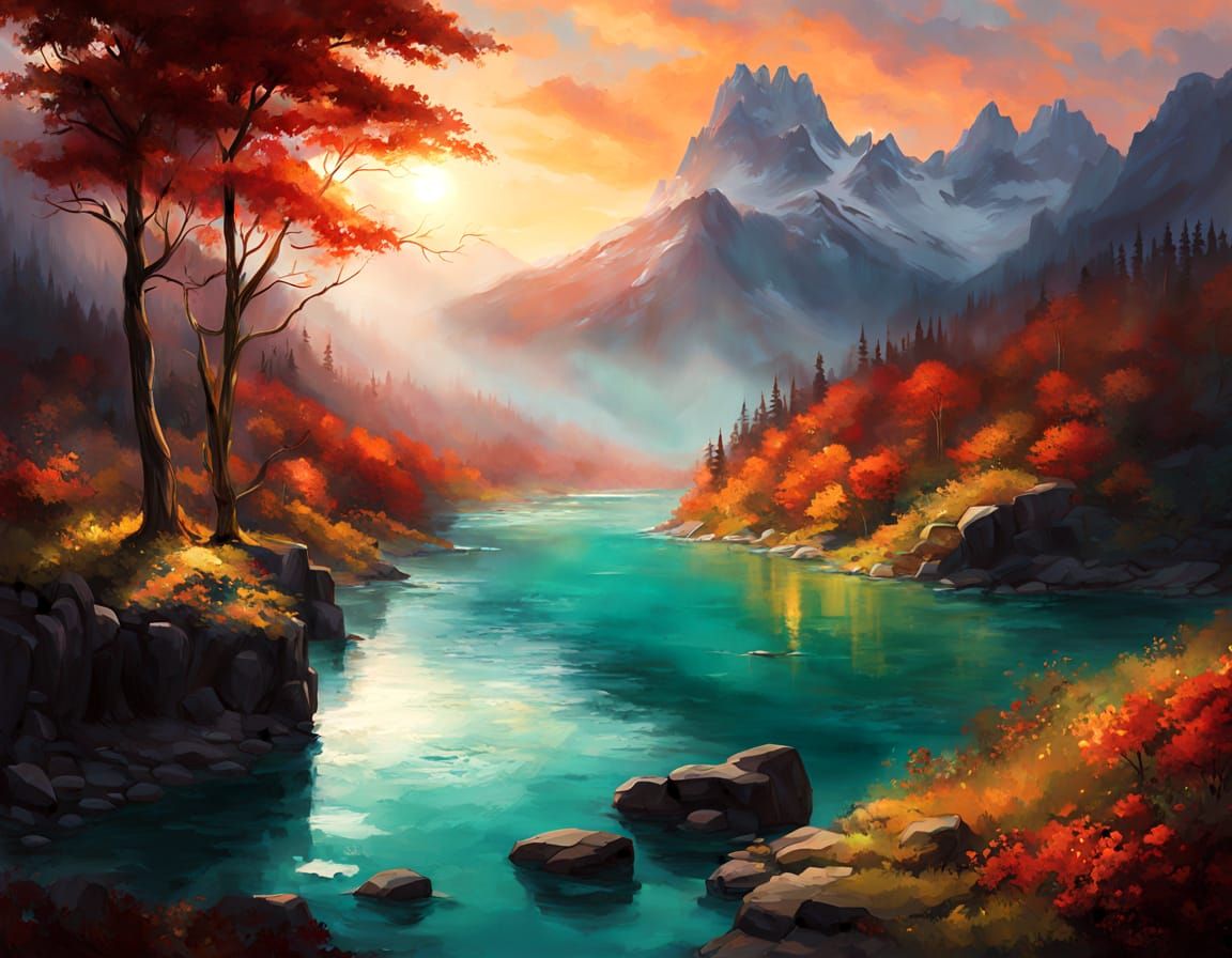 Cascading Waterfalls at Sunset in Painterly Style