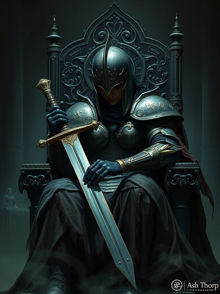 Armored Warrior Queen in Dark, Eerie Throne Room