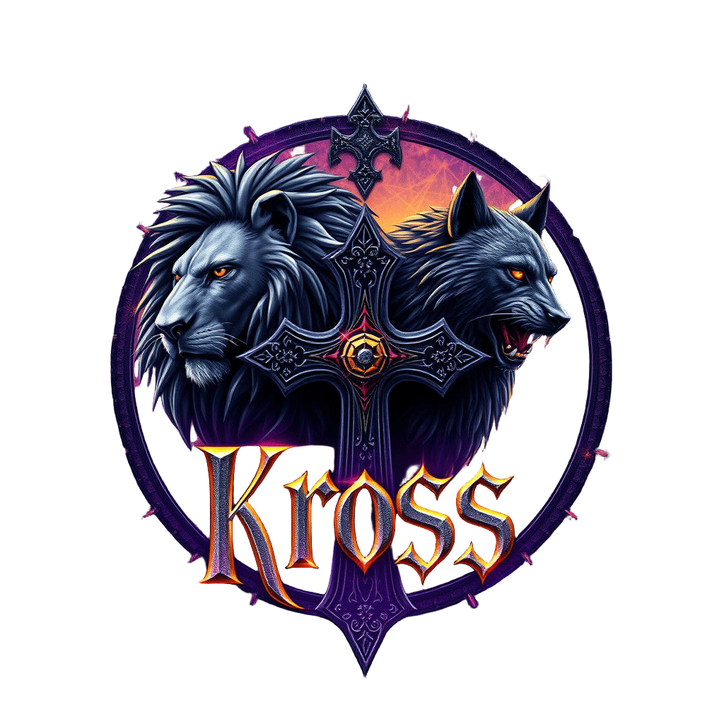 Kross Logo with Lion, Wolf, and Cross in Dark Fantasy Style