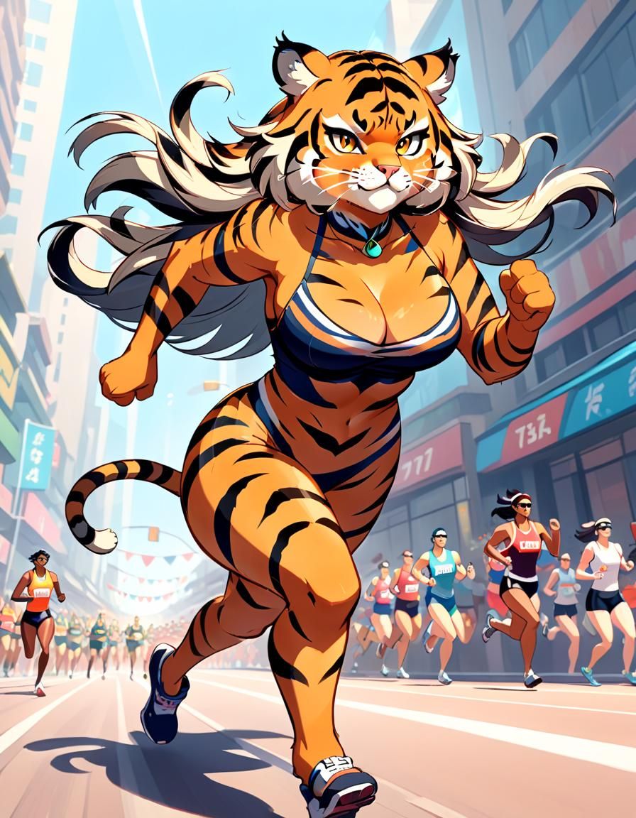 Tiger Striped Catgirl Runs Marathon in Animated Style