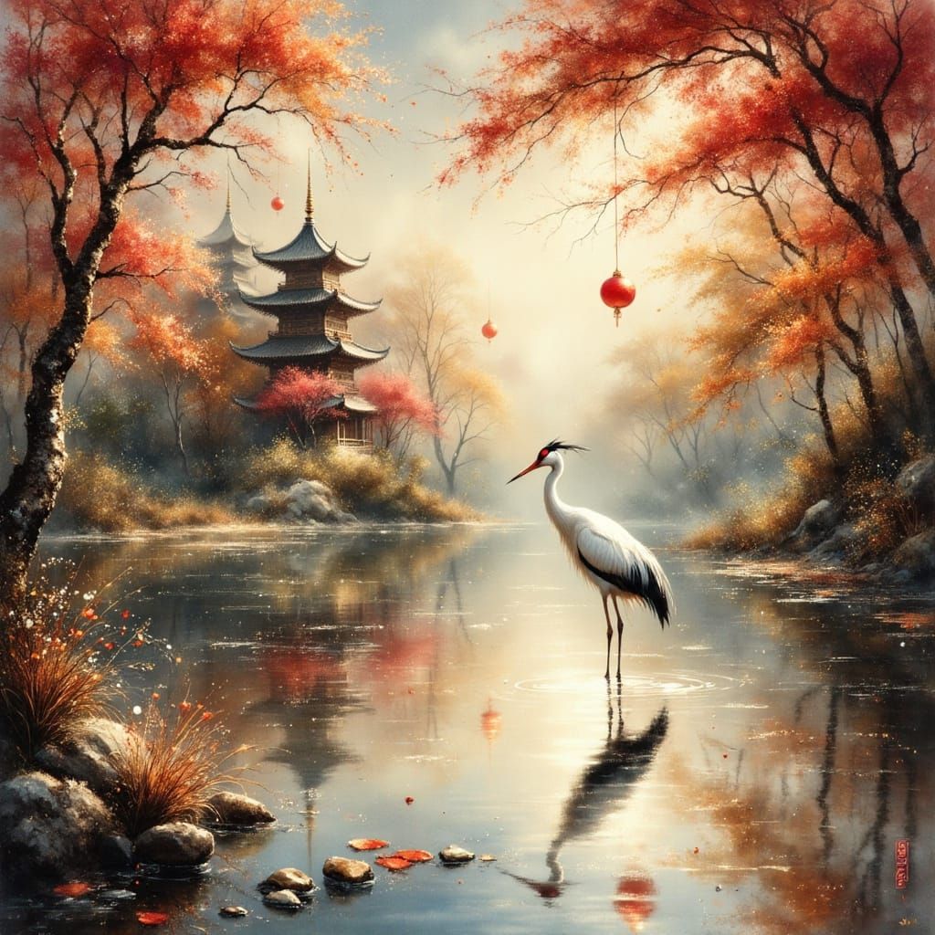Crane in Temple Lake with Asian Lanterns