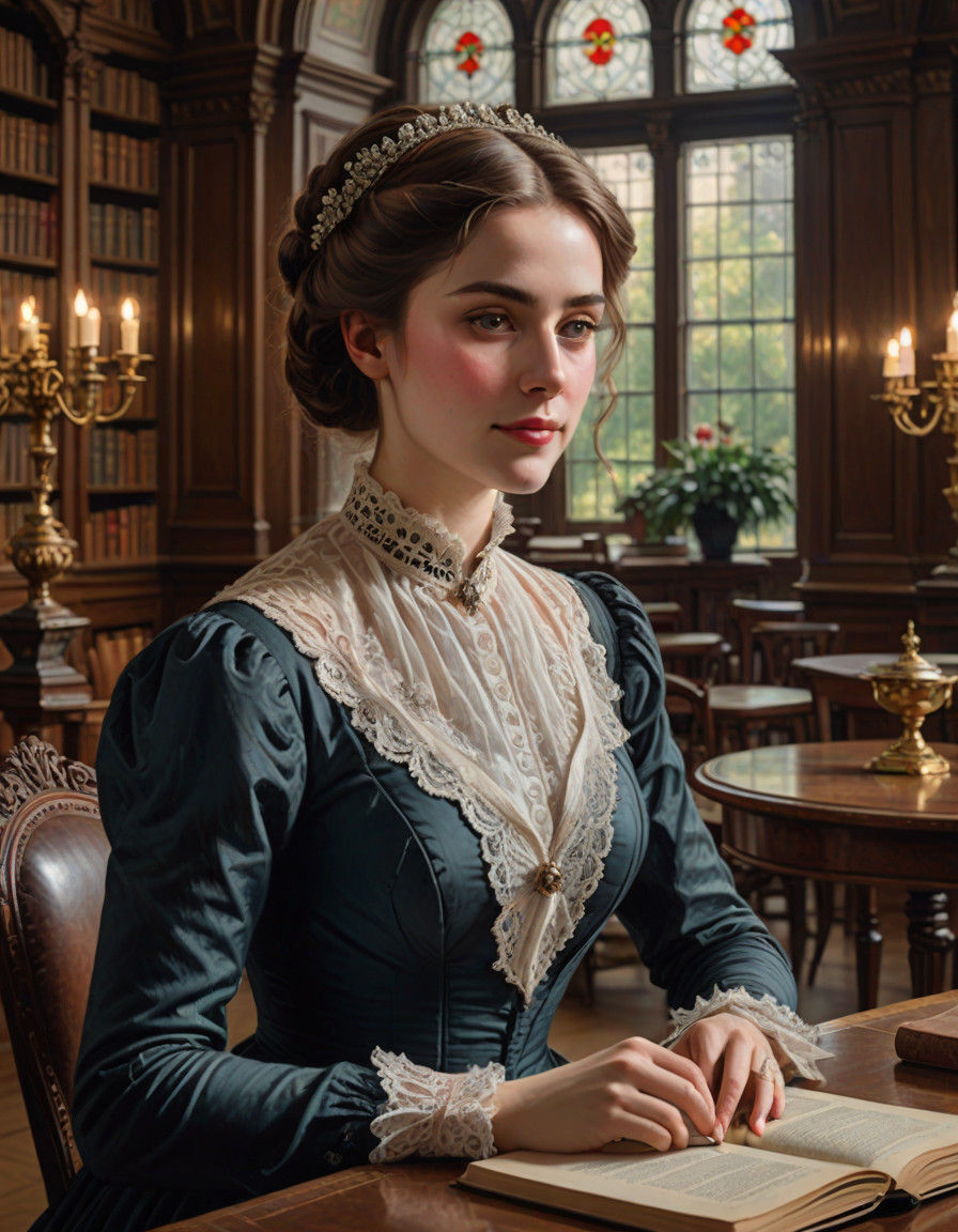 Romantic Victorian Library Portrait in Impressionist Style