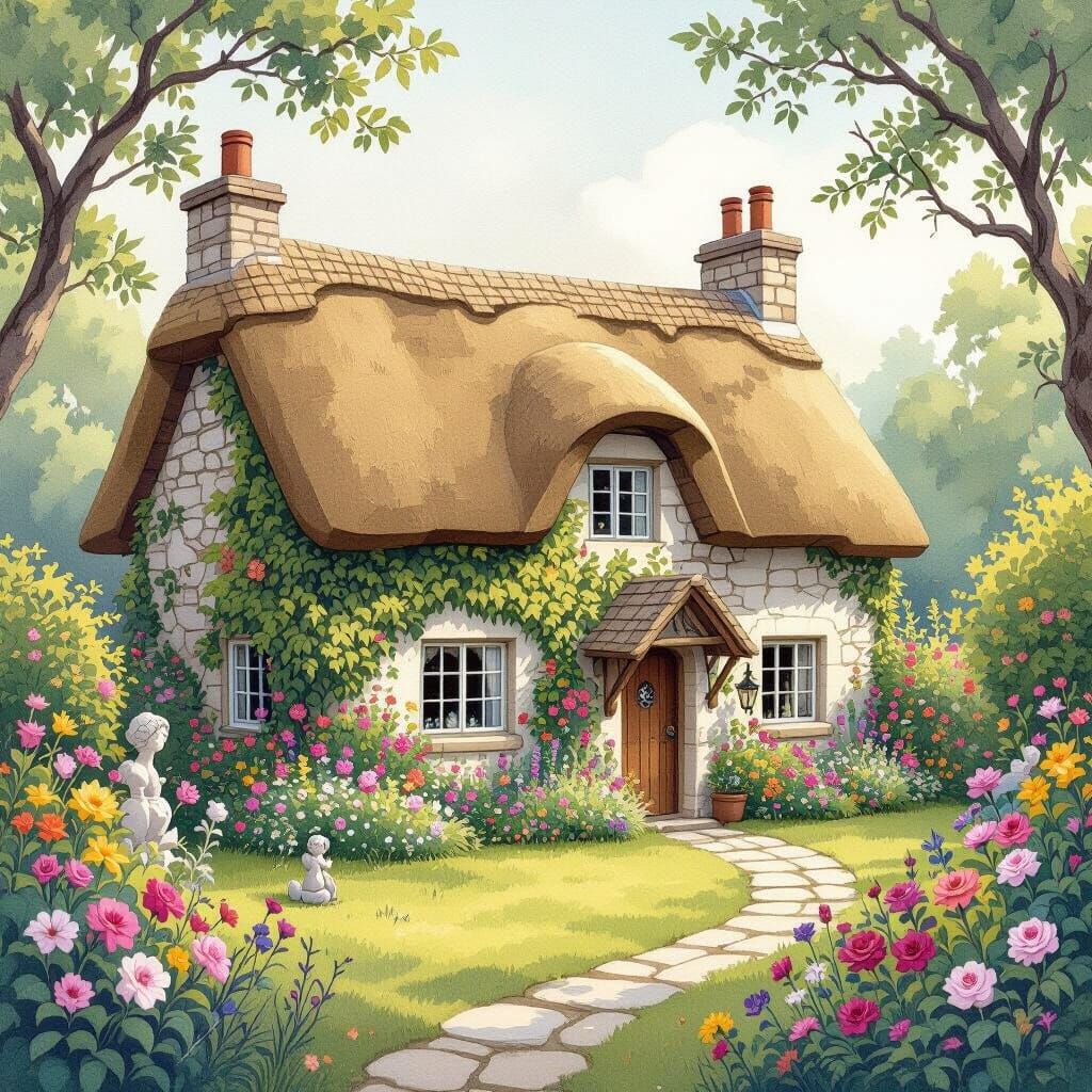 Idyllic Cottagecore Scene in Beatrix Potter Style