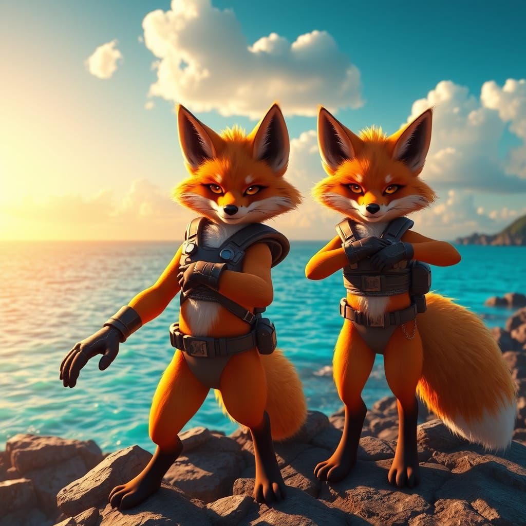 Anthropomorphic Fox Lifeguards in Dazzling Coastline Scene