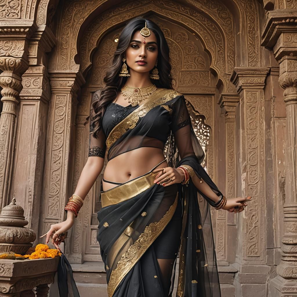 Regal Indian Woman in Transparent Saree: Hyperrealistic Port...