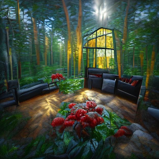 Hyperrealistic Sunroom in Dark Summer Forest