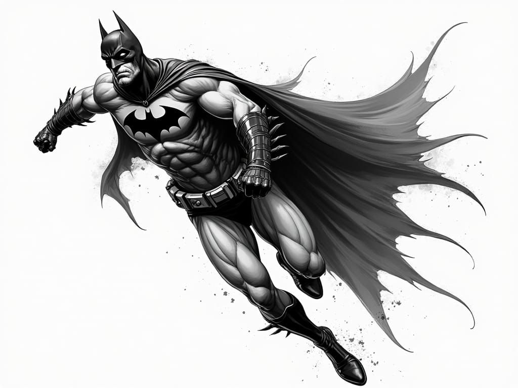 Dynamic Black and White Illustration of Batman in Motion