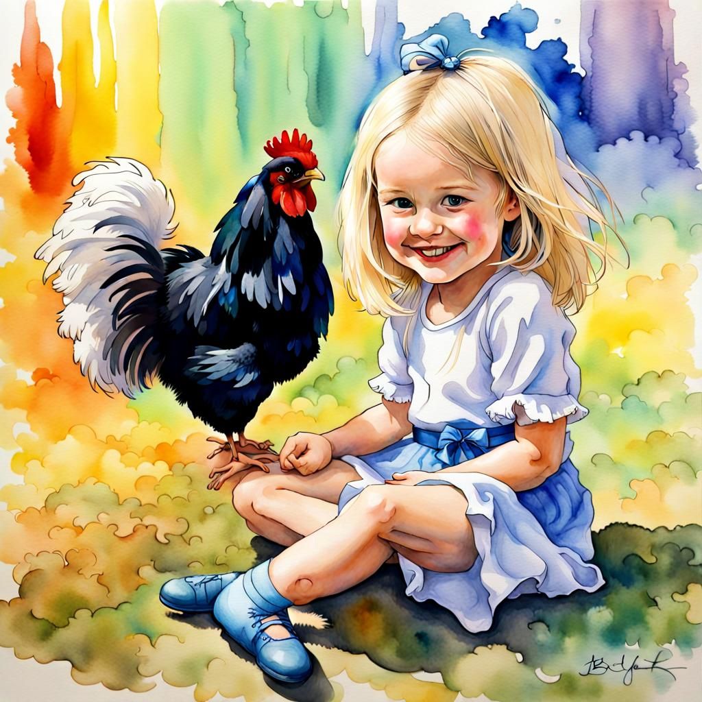 Little blonde girl grins at her black and white fluffy silki...