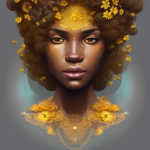 African Goddess Portrait with Golden Flowers