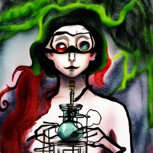 Mad Scientist in 16th Century Lab, Linear Ink Drawing