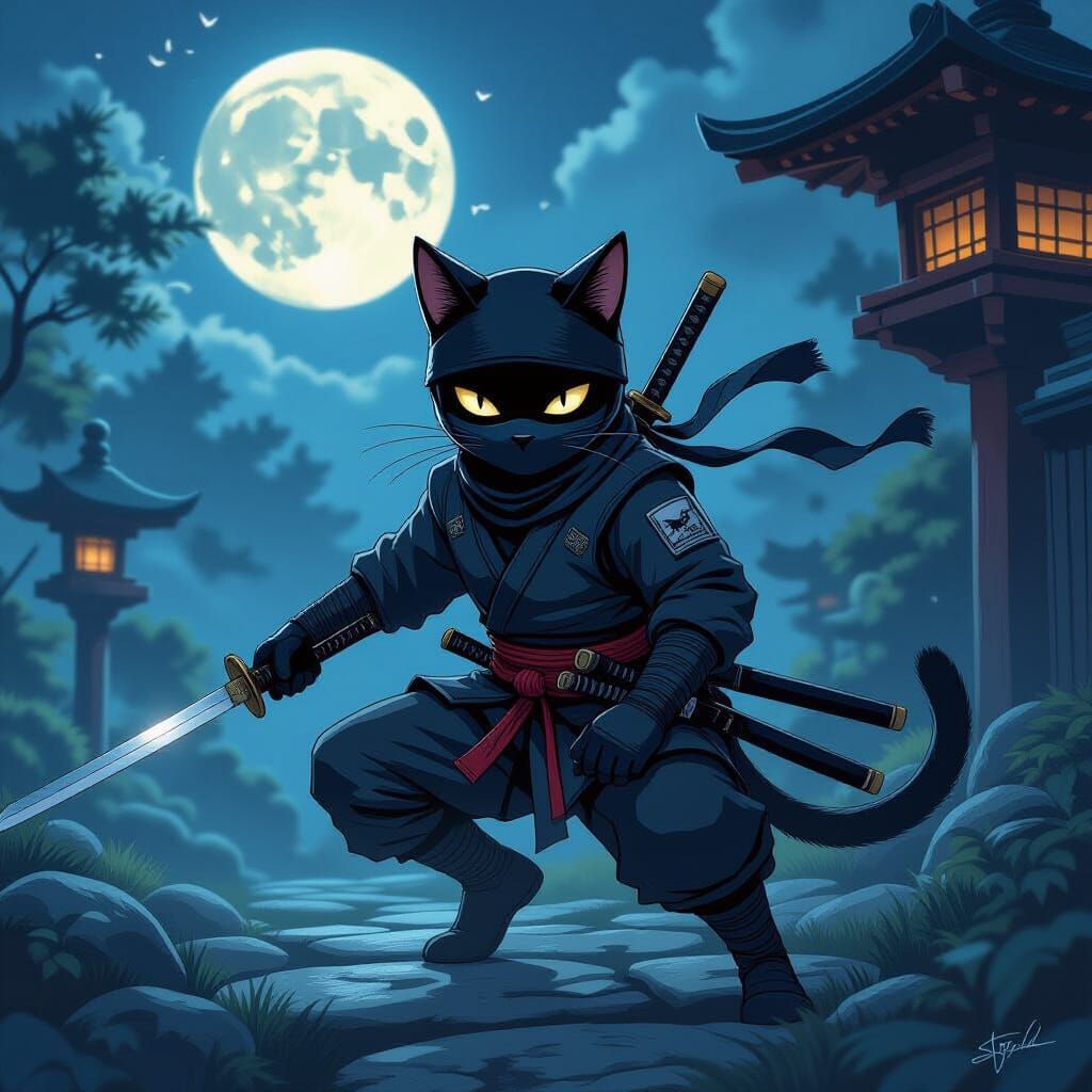 Black Cat Ninja in Moonlit Garden as Digital Art