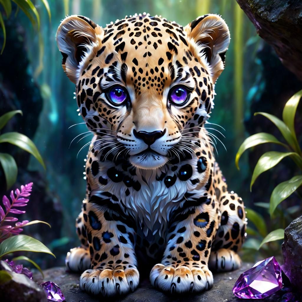 Crystal Jaguar Cub in Cave with Shimmering Reflections