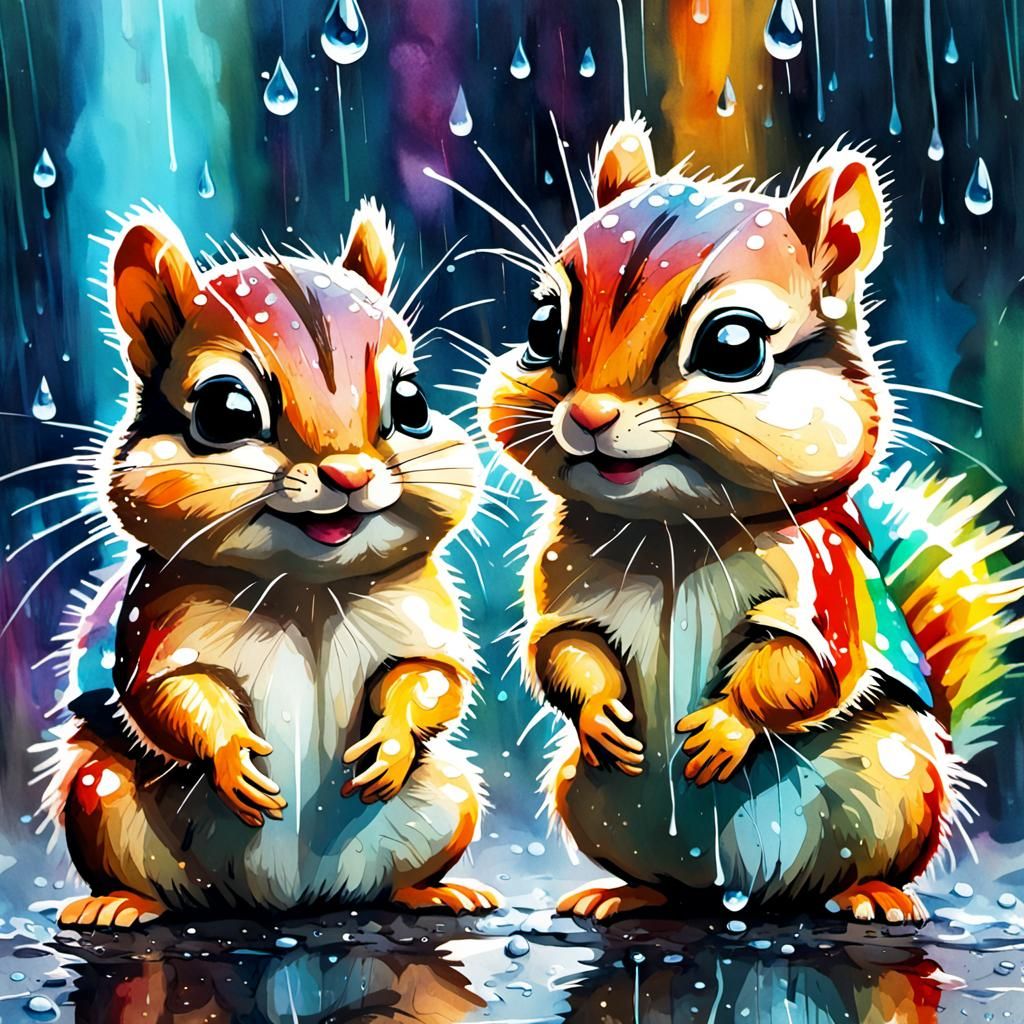 Bioluminescent Chipmunks Play in Rainy Watercolor Scene