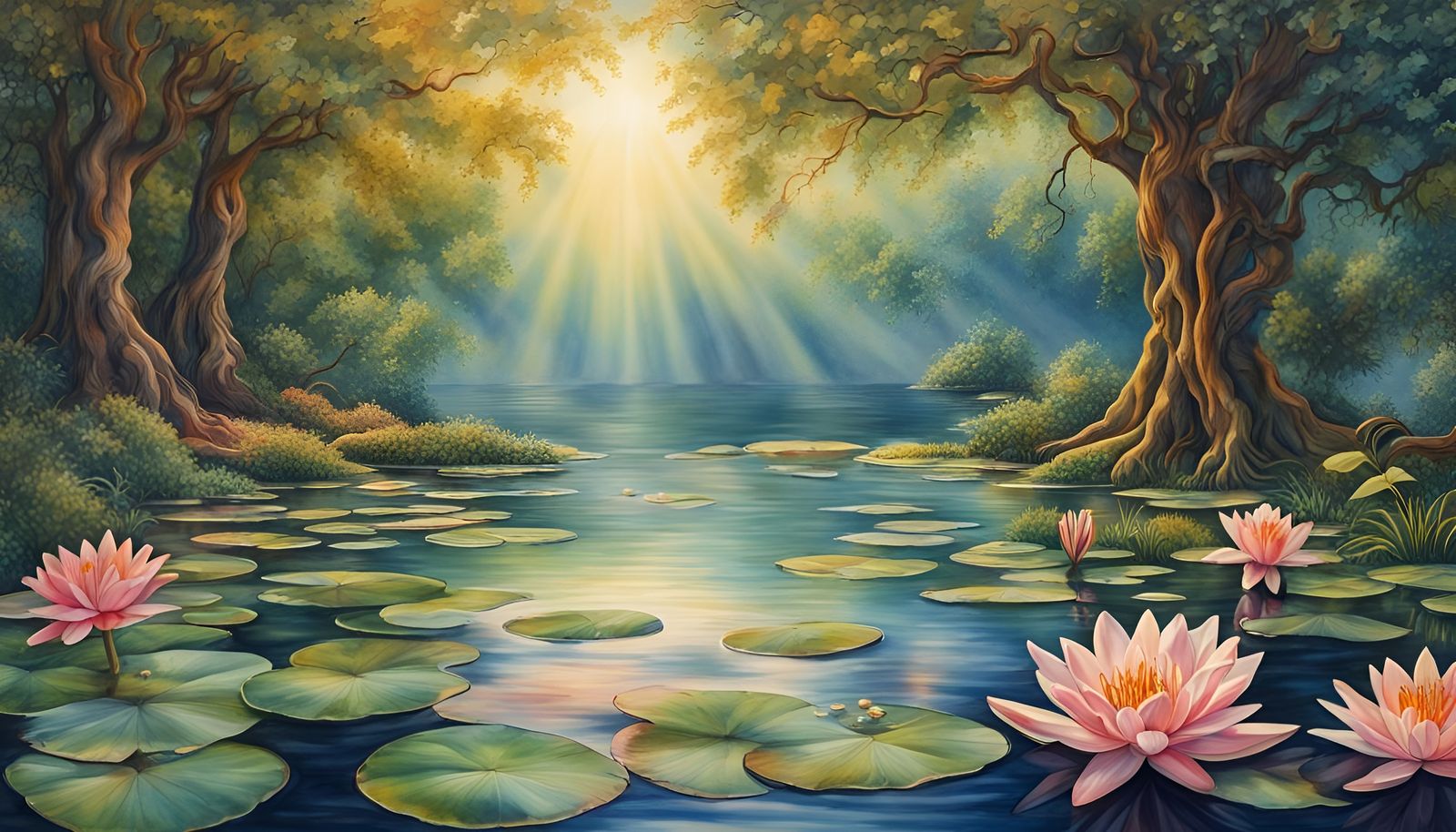 Hyperrealistic Lily Pond with Tree of Life Watercolor
