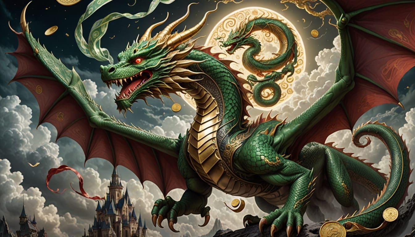 A magnificent, larger-than-life dragon soaring through the s...
