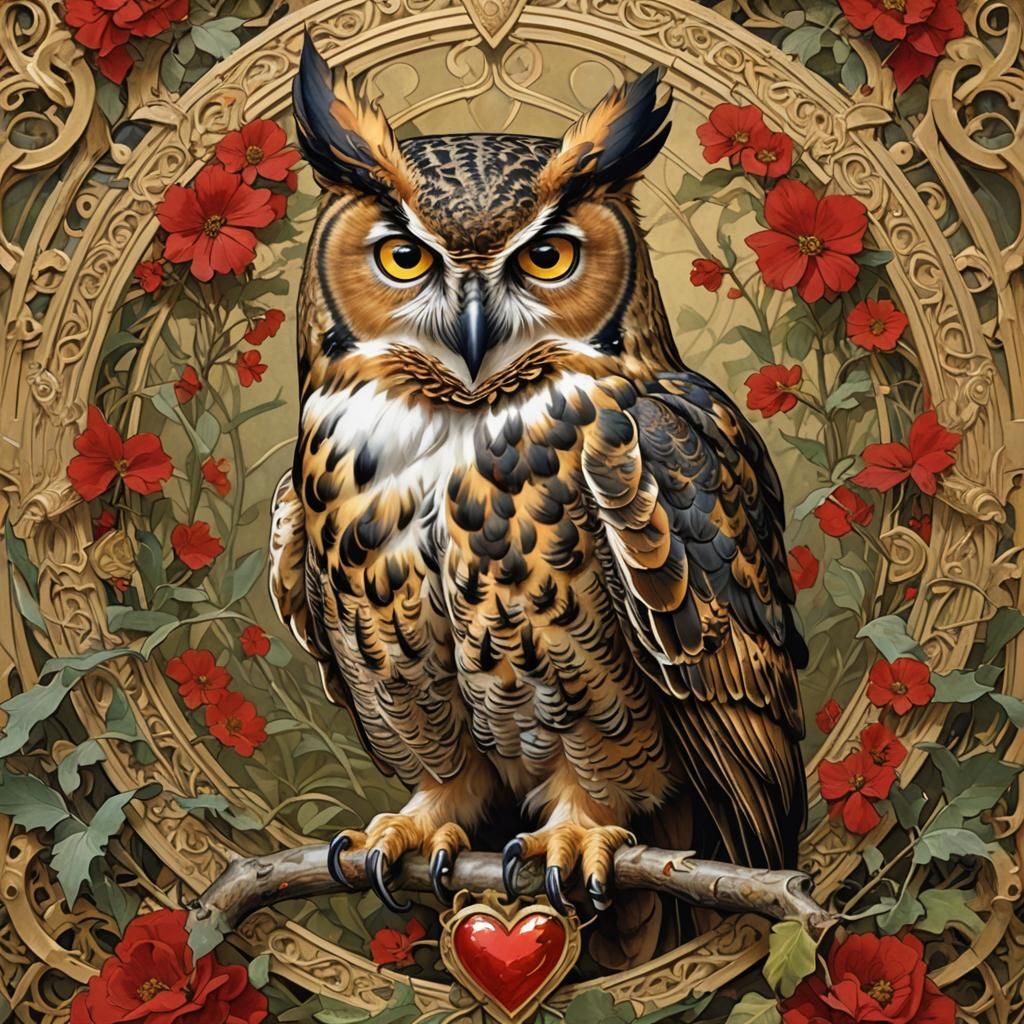 Great Horned Owl Heraldic Coat of Arms in Mucha Style