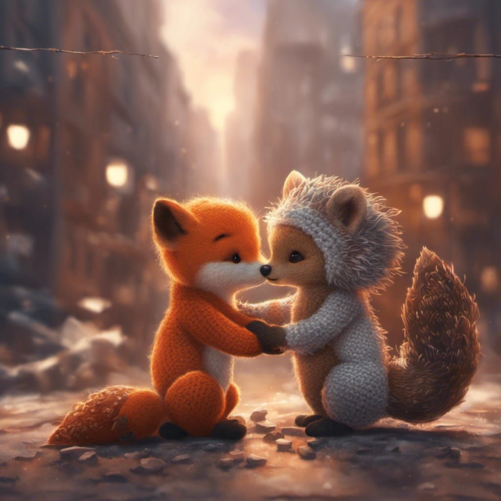 Fox and Hedgehog Hugging in Crochet Wool Style