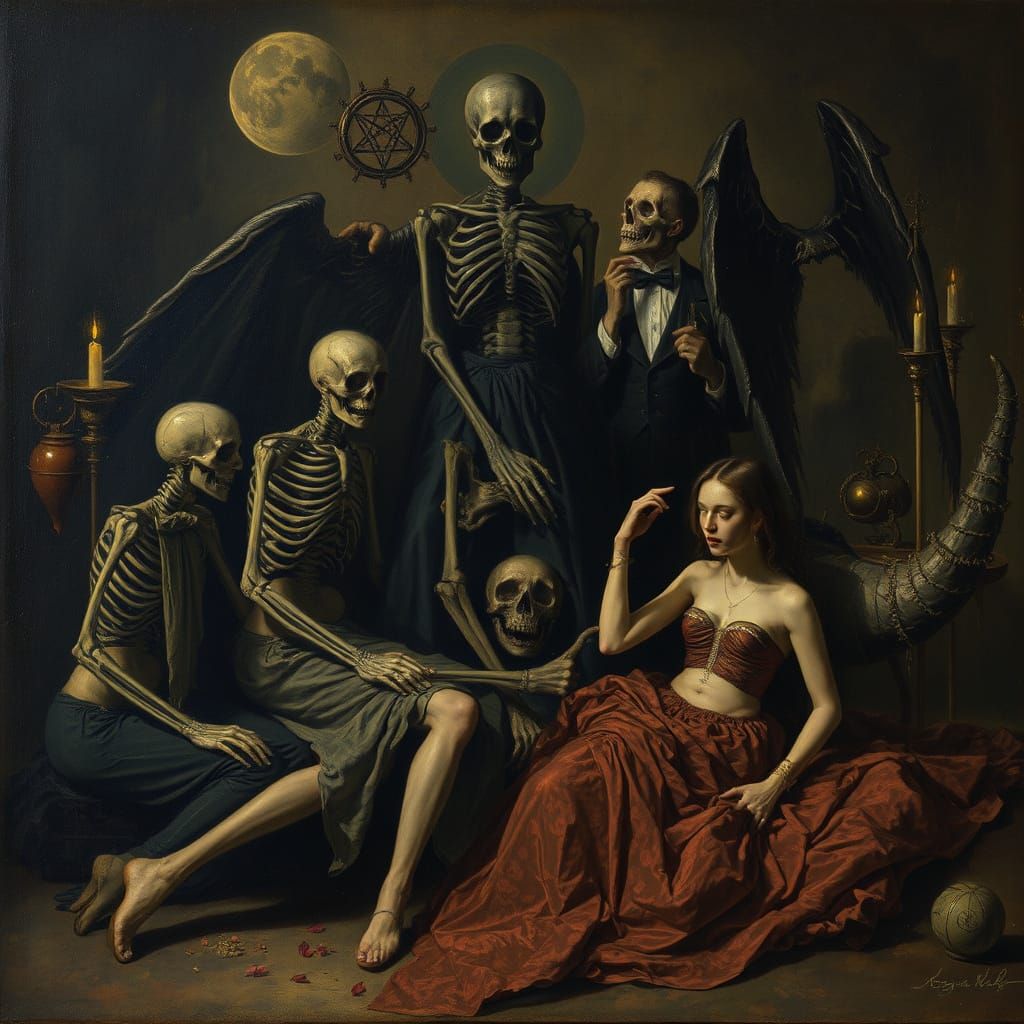 Dark Allegory Painting of Skeletal Figures and Femme Fatale