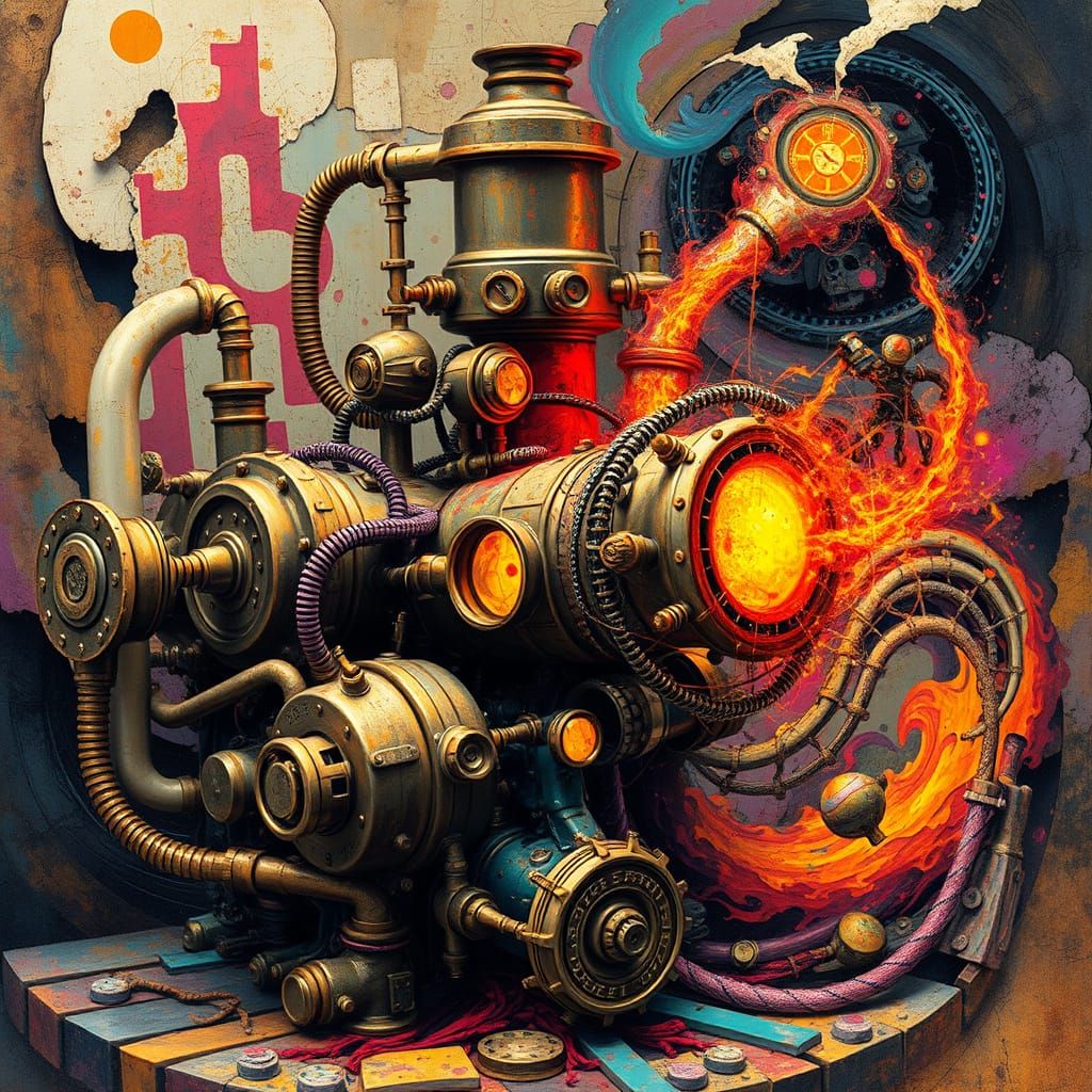 Steampunk Engine of Despair in Vibrant, Cubist Abstraction