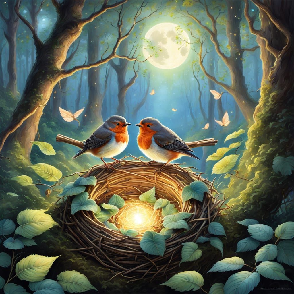 Robin Family's Surreal Forest Escape in Dreamcore Style