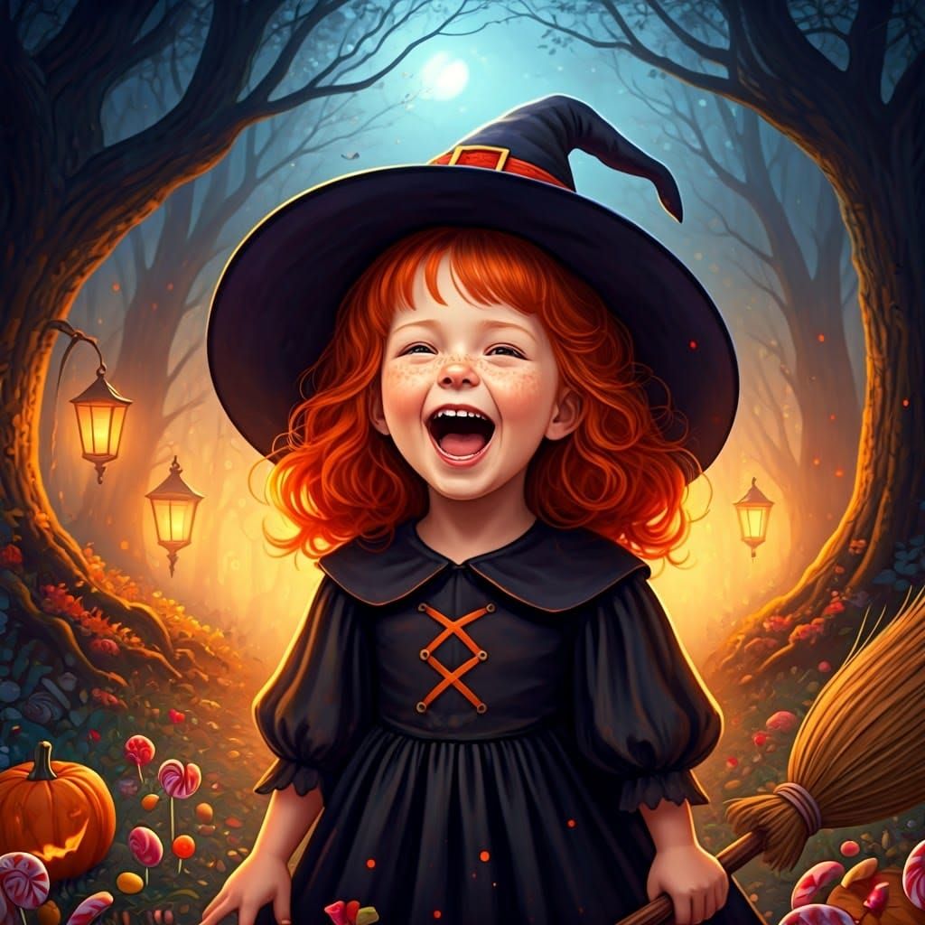 Red-Haired Witch in Mystical Forest, Dreamy Art
