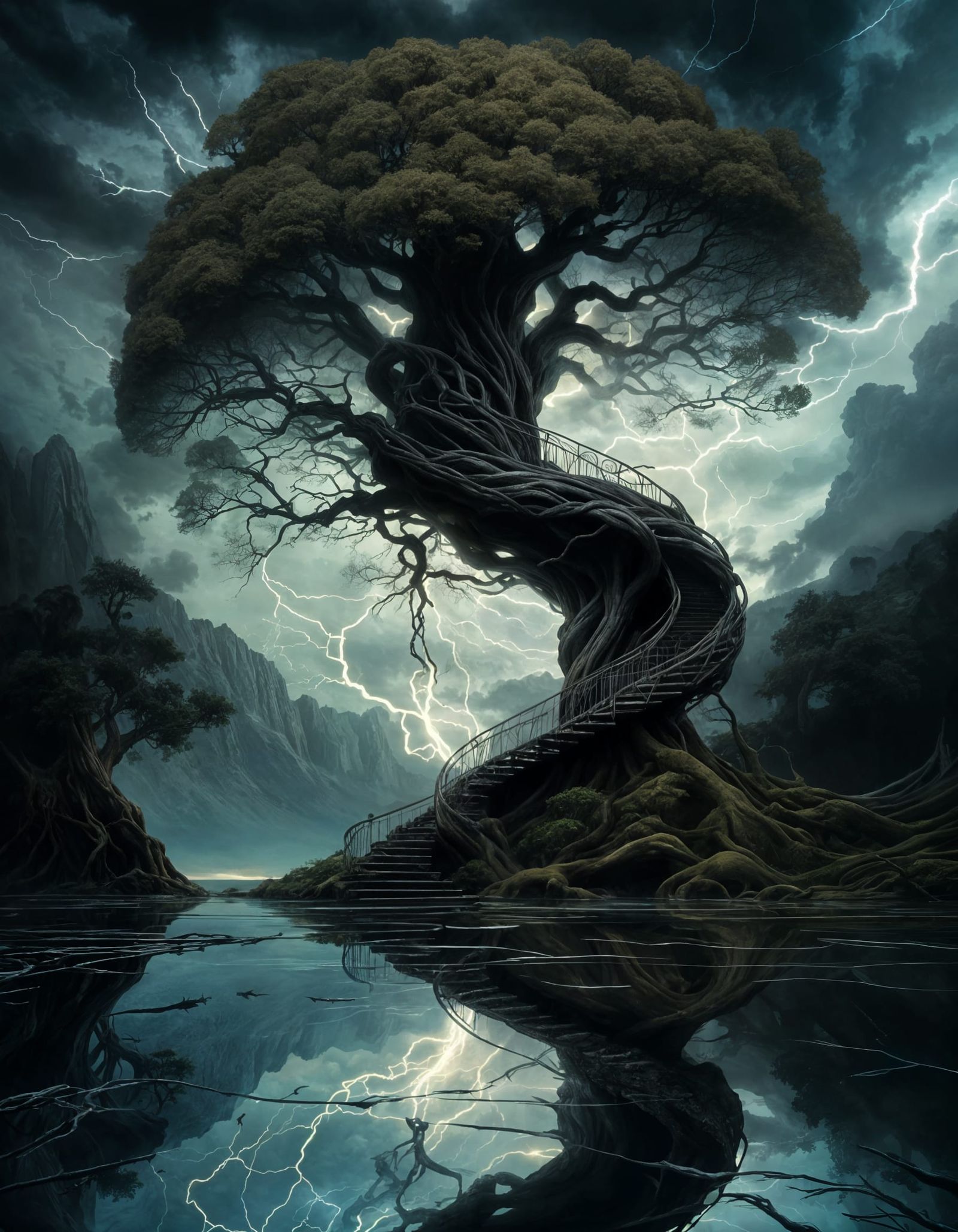 Spiral Tree Ascends from Stormy Lake in Dark Fantasy Art