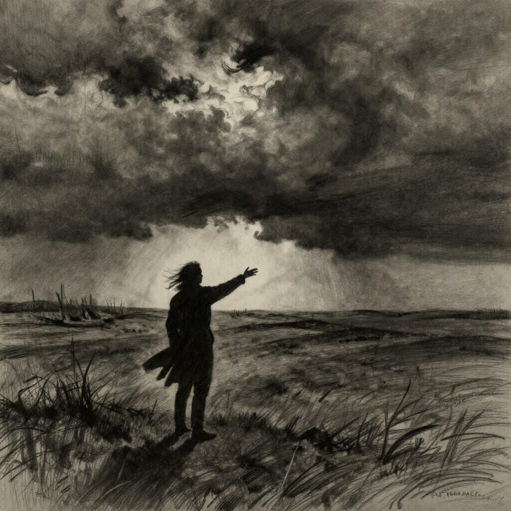 Melancholy Figure Reaches for Horizon in Charcoal Style