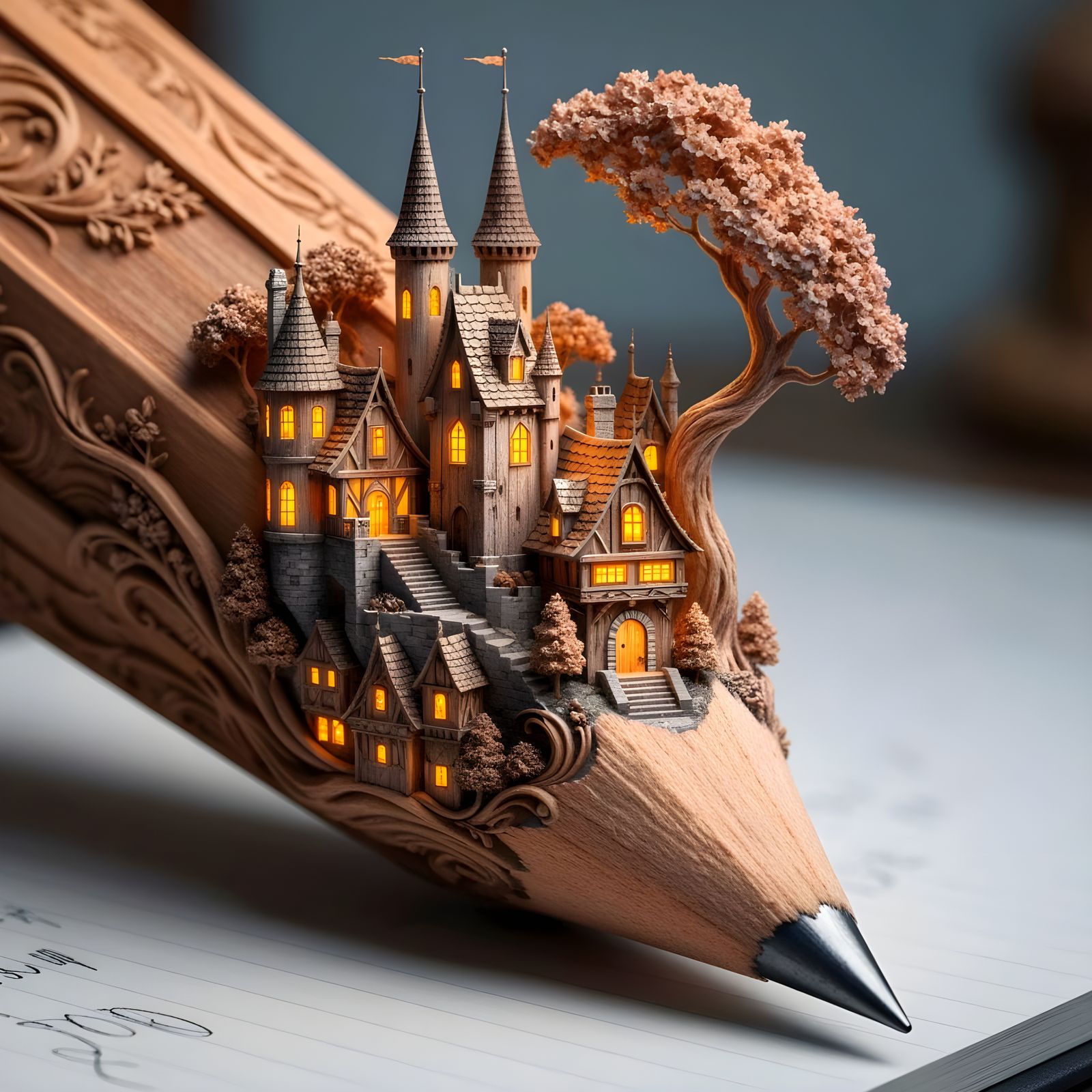 Fantasy Village Carved into Pencil Tip