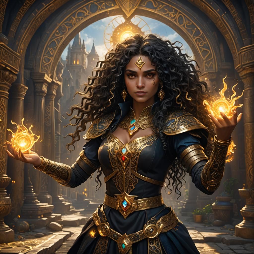 Hispanic Kalashtar Sorcerer with Golden Eyes