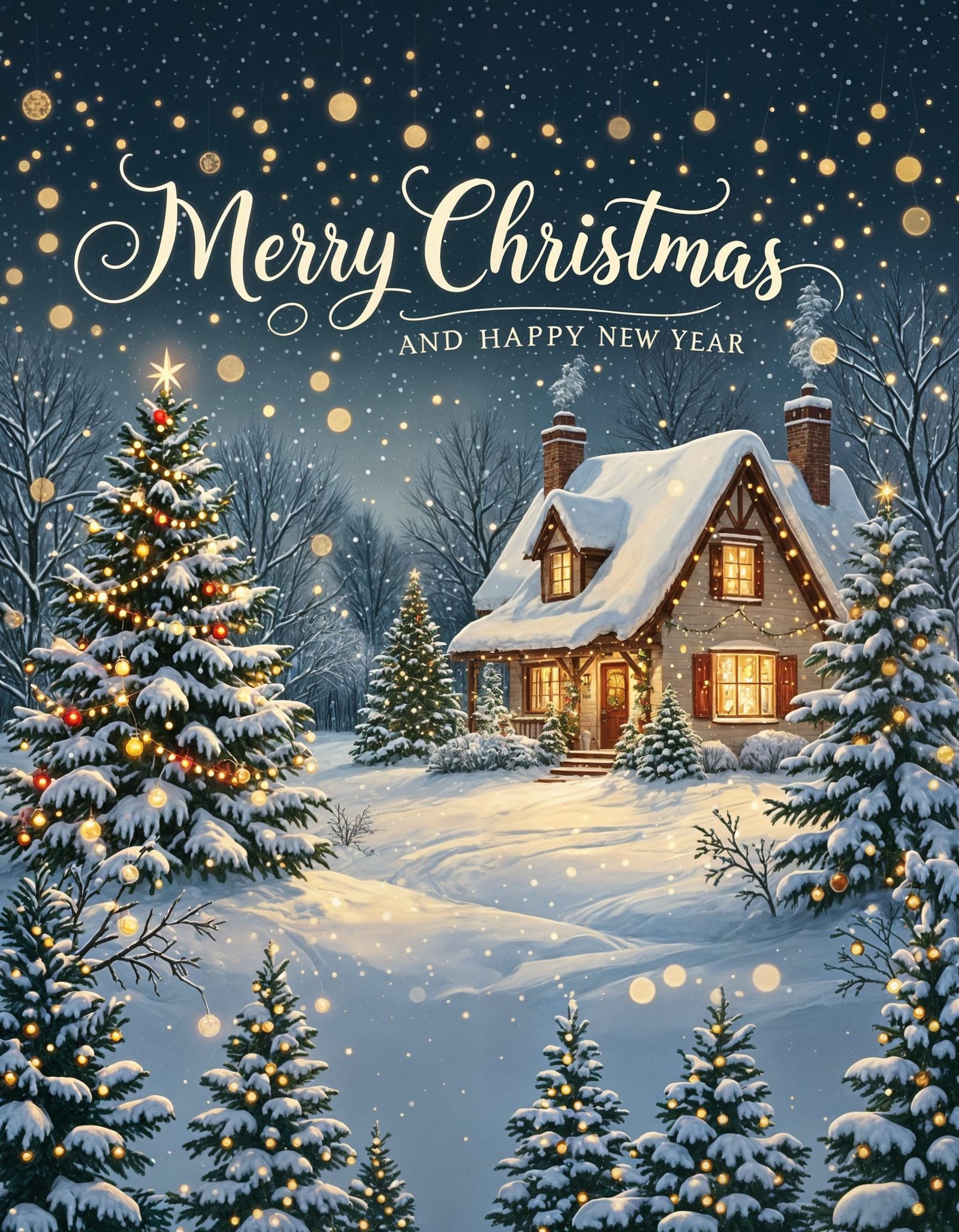 Cozy Christmas Card Design with Twinkling Lights and Snow