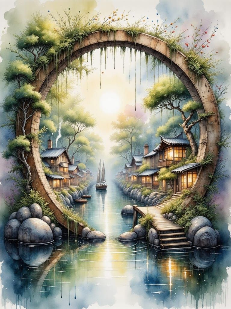 Dreamy Watercolor Stargate with Twisted Bonsai Trees and Vil...