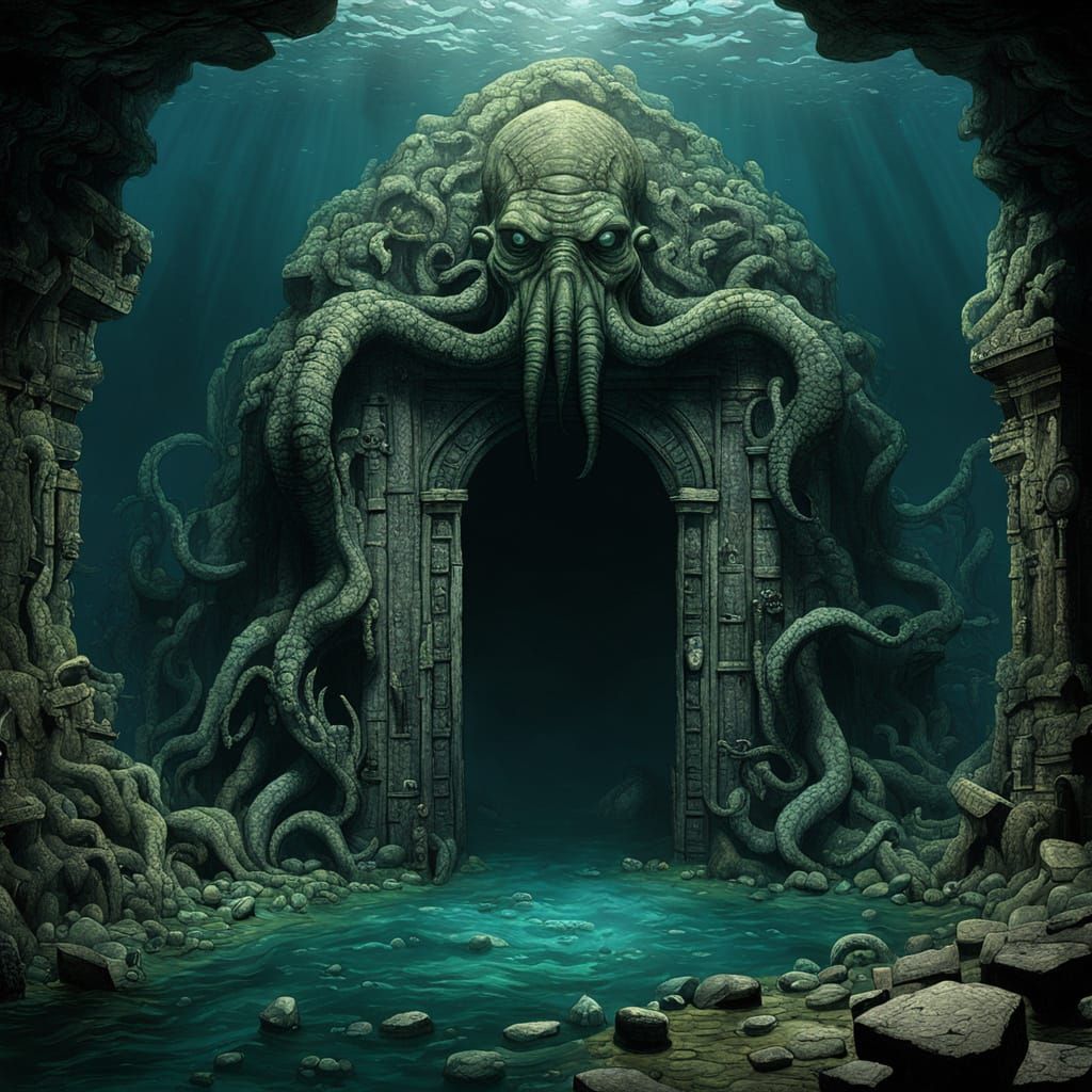 Underwater Stone Wall with Door in Horror Style