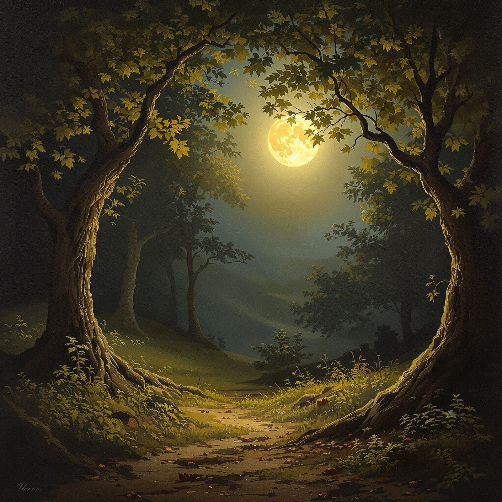 Romantic Moonlit Walk in Arboreal Halls